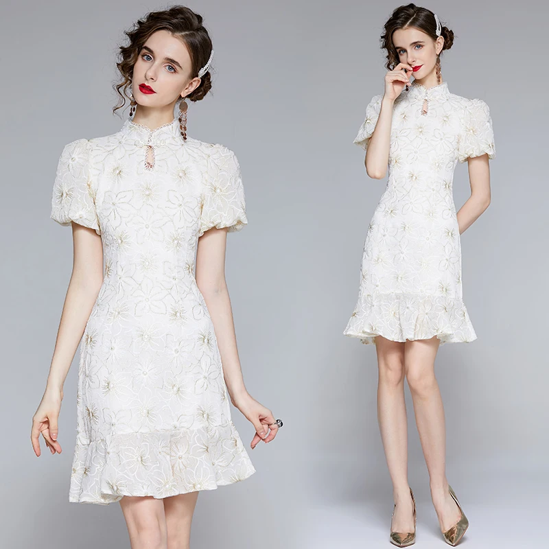 

Simgent Ruffle Lace Dress Summer Women Buckle Elegant Lantern Sleeve Mini Dresses High Quality Vestidos Robe Femme SG16141