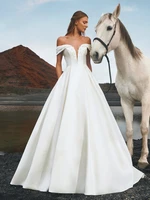 elegant vestidos de novia white satin wedding dresses a line deep v neck off shoulder flowers boho bridal gown robe de mari%c3%a9e