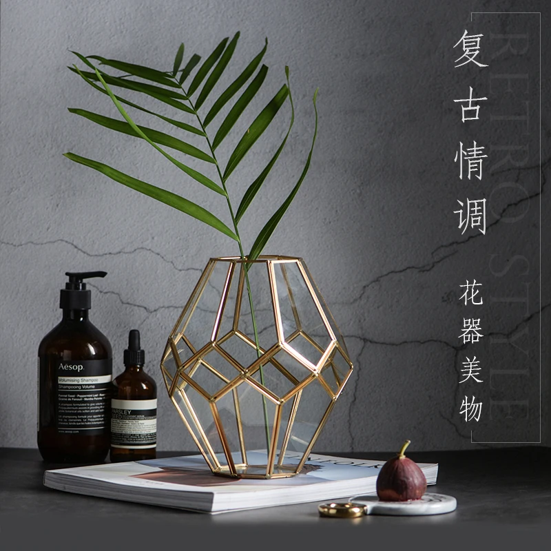 Скандинавский Ретро Стиль Золотая стеклянная ваза медная полоса Геометрическая