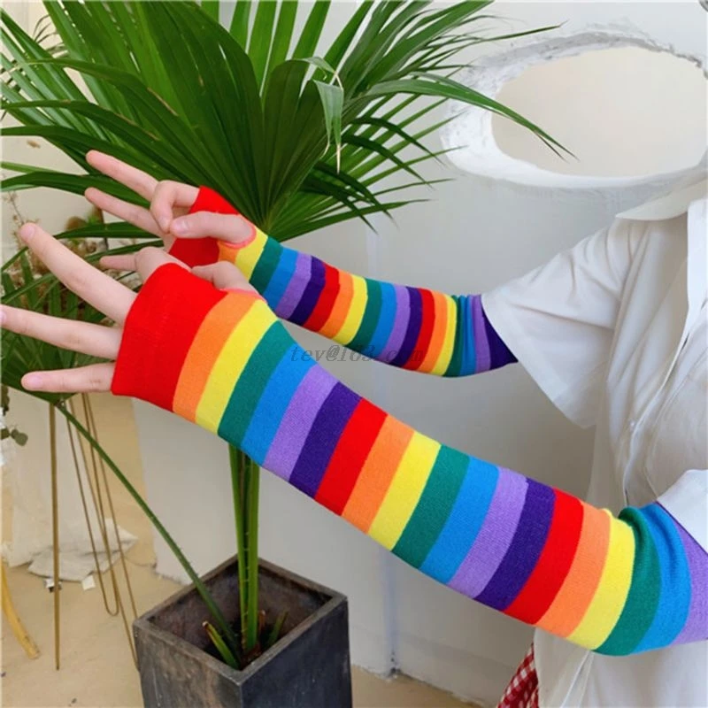 

Elbow Length Fingerless Gloves Arm Sleeve Warmer Rainbow Colored Striped Knitted Sunscreen Halloween Costume Fingerless Mittens