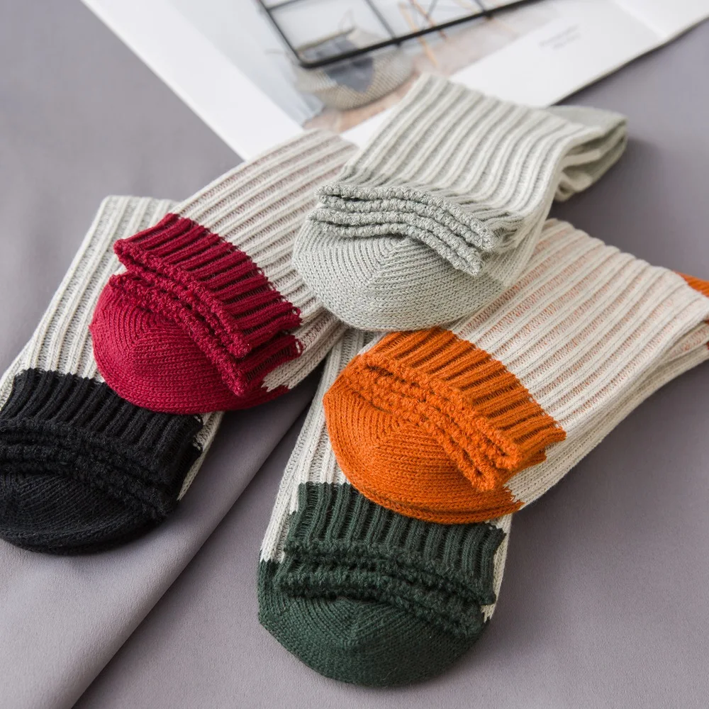Woman Solid Cotton Socks Multi Cuff Girls Ribbed Socks Sport Socks Warm Winter Socks Crew Socks Female Ankle Socks 5 Pairs/ lot