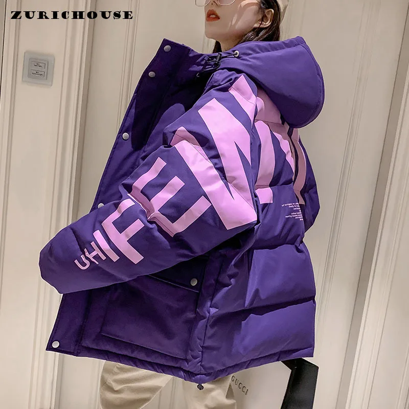 

ZURICHOUSE New Warm Hooded Fluffy Parkas Women Korean Style Fashion Wild Letter Print Oversized Puffer Jackets Winter Coat