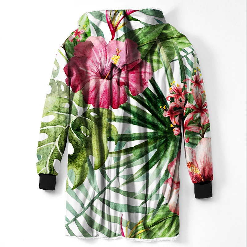 Одеяло с капюшоном и листьями тропических растений красное зеленое белое