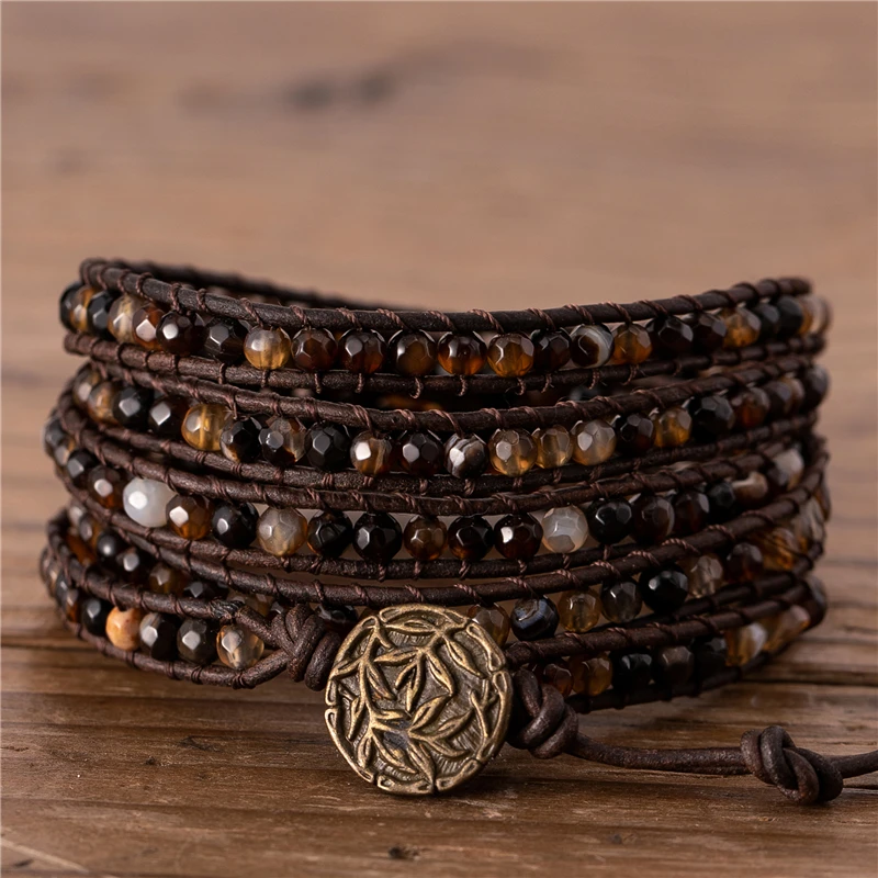 

5 рядов винтажный кофейный оникс, бусины из агата, кожаный браслет в стиле бохо, естественное искусственное богемное ювелирное изделие, пода...