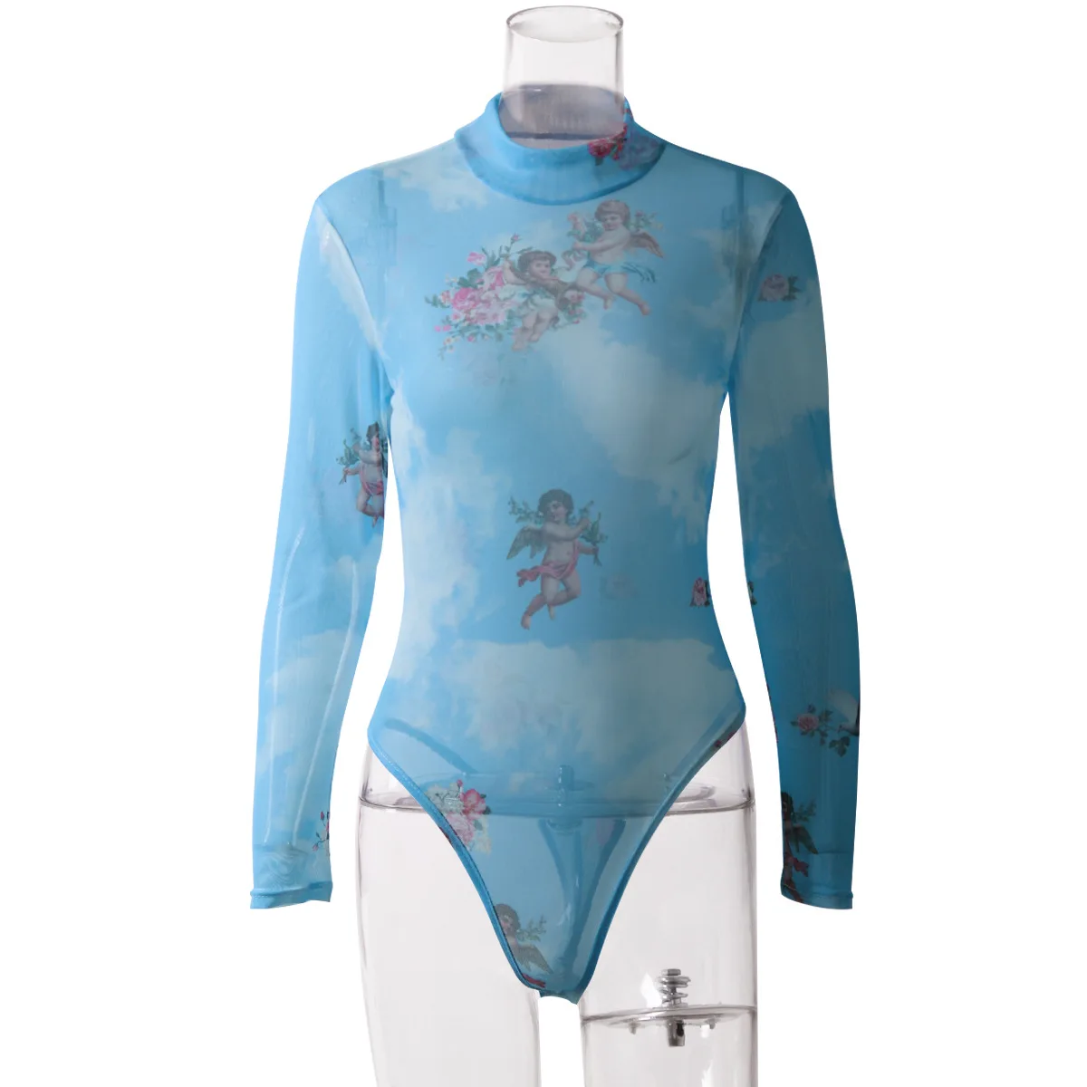 

Cute Angel Print Long Sleeve Mesh Bodysuit Women See Through Fishnet Turtleneck Bodysuits Body Mujer Verano Fall Clothing 2020