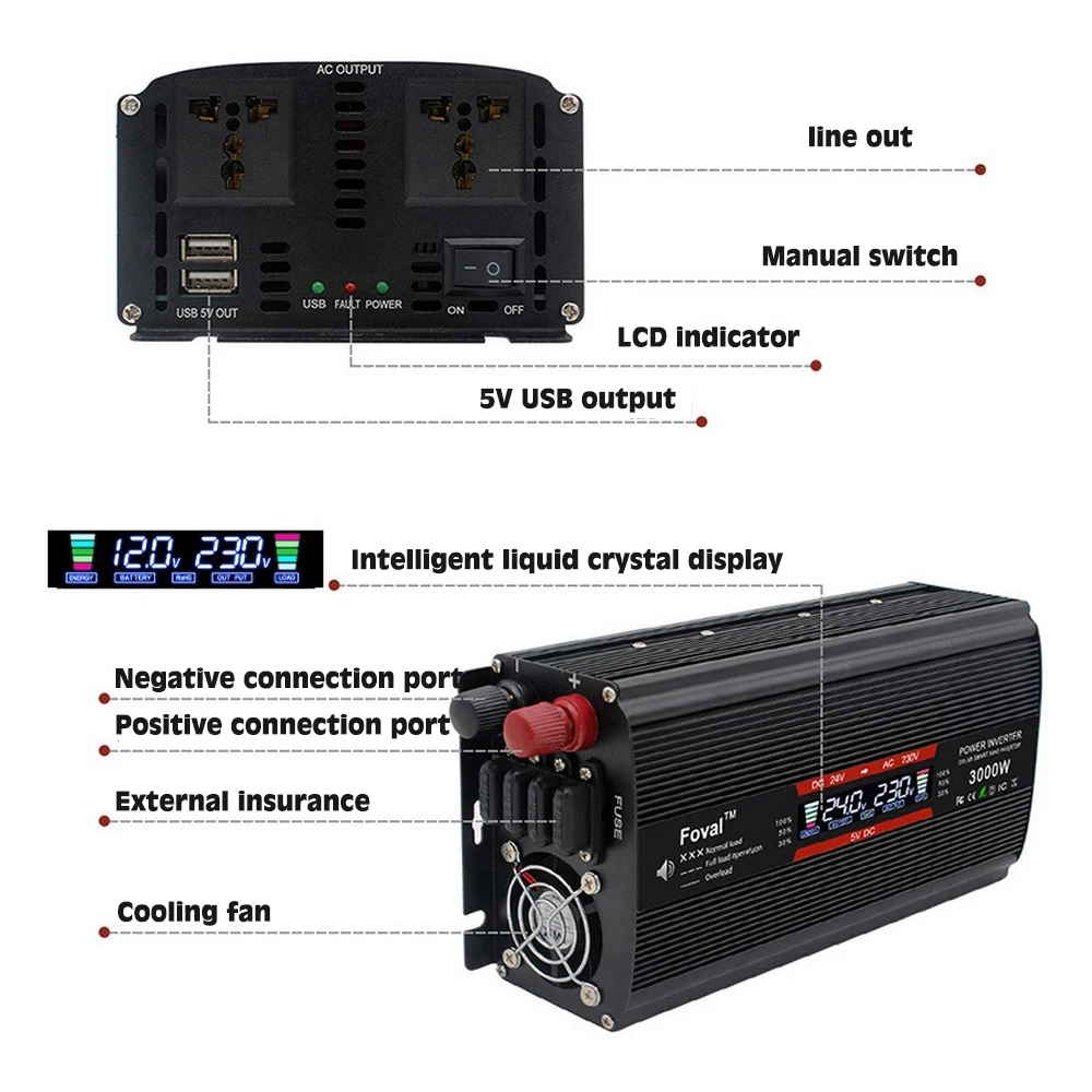 Преобразователь мощности 2000 Вт/3000 Вт модифицированный с дисплеем ЖК-монитор