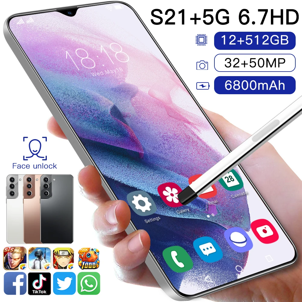Новейший 6 7 &quotсмартфон Galax S21 + Network Qualcomm888 Deca Core 50MP 12G RAM 512G ROM 2021 глобальная версия