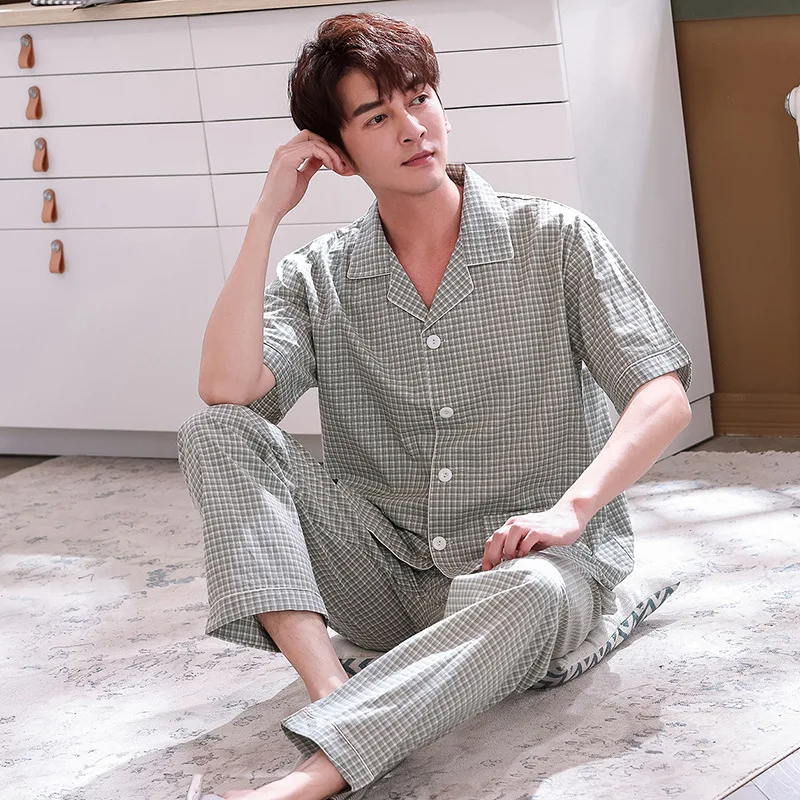 

Summer New Cotton Short-sleeved Pajamas Cardigan Woven Cotton Men's Lattice Casual Men's Home Service Sleepwear Men Pijama Homme