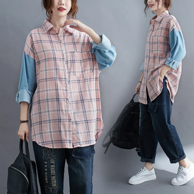 

VANOVICH Korean Japan Style Large Size Plaid Stitching Long-sleeved Loose Shirt 2022 Autumn and Winter New Shirts for Women