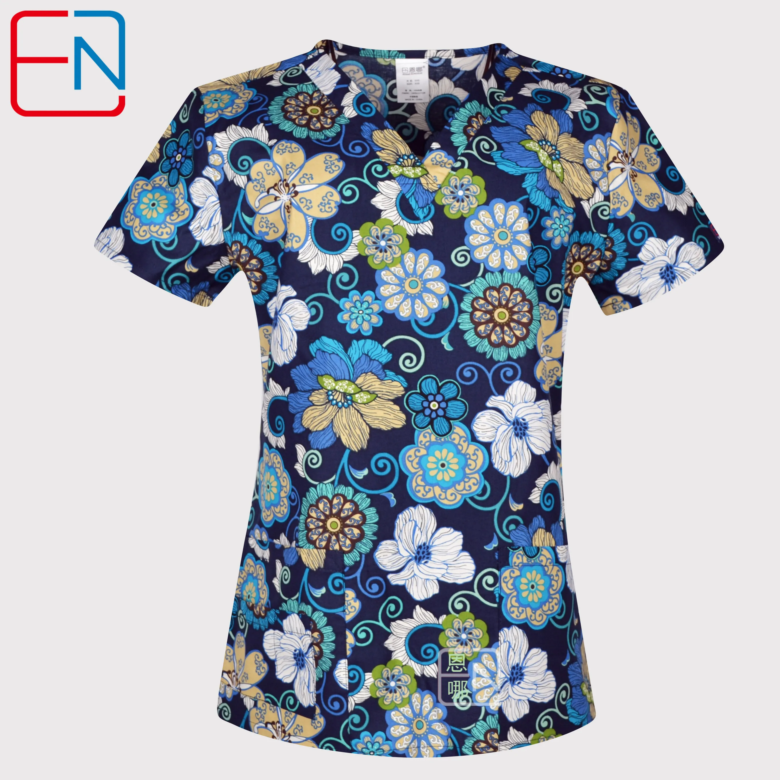 Hennar Для женщин скраб-топ 100% принт хлопчатобумажная Униформа с v-образным вырезом