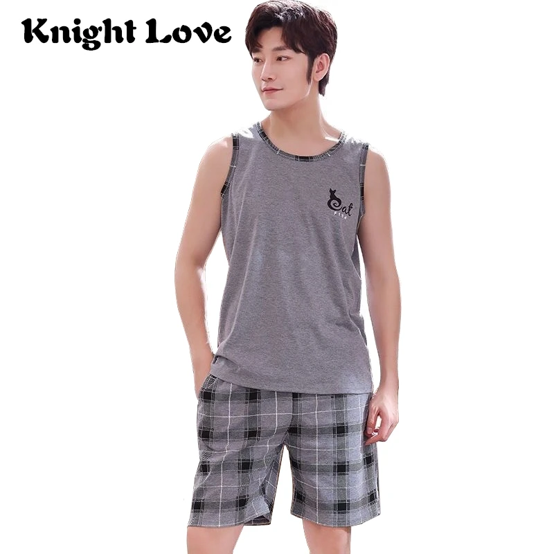 

Pajamas for Men Thin Vest Sleeveless Male Pocket Pyjama Set Cotton Homewear Cartoon Sleepwear Short Pant Plus Size 3XL 4XL