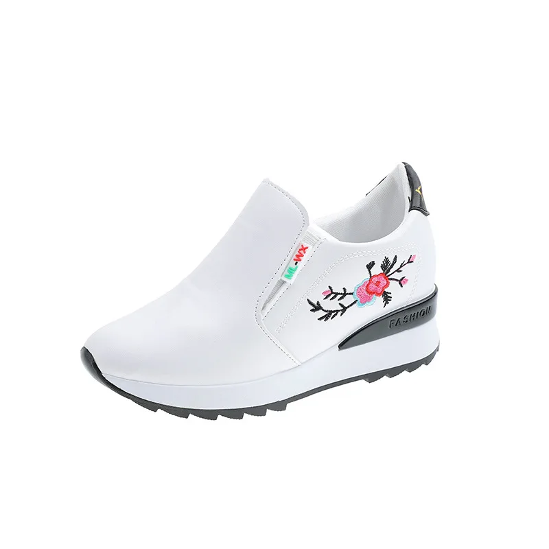 

New Height Increasing Insole Women's White Shoes Wedge Sneakers Female Students Slip-on Elastic Band Casual Embroidery Pumps