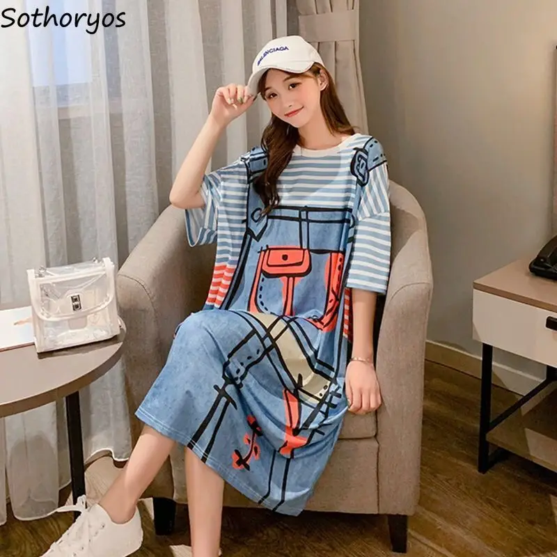

Short Sleeve Dress Women Print Kawaii Loose Elegant Korean Style Streetwear Fake-two-pieces Chic Fashion Preppy New Vestido Ins