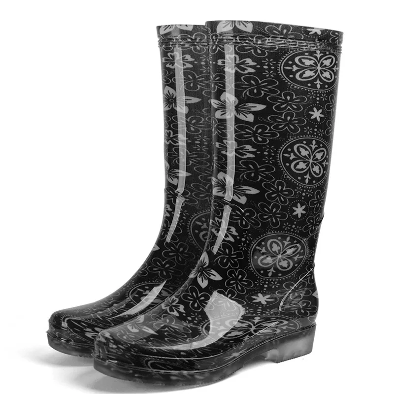 thin black flower Aleafalling/ г. Новые женские непромокаемые сапоги низкая водонепроницаемая обувь из ПВХ зимние Нескользящие теплые резиновые ботинки 36-41 - Цвет: thin black flower