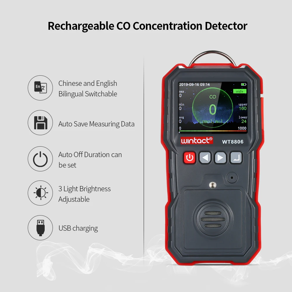Portable CO Gas Detector Analyzer 0-1000umol/mol Carbon Monoxide Concentration with Sound-light and Vibration Alarm | Инструменты