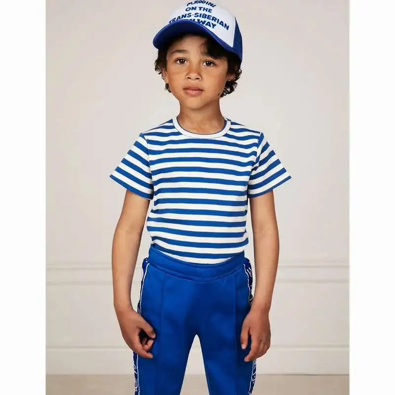 

Summer Cotton Boy Girl T-shirts 2021 navy style blue stripes Short Sleeve T-shirts Baby Clothes 1-7Y E10025