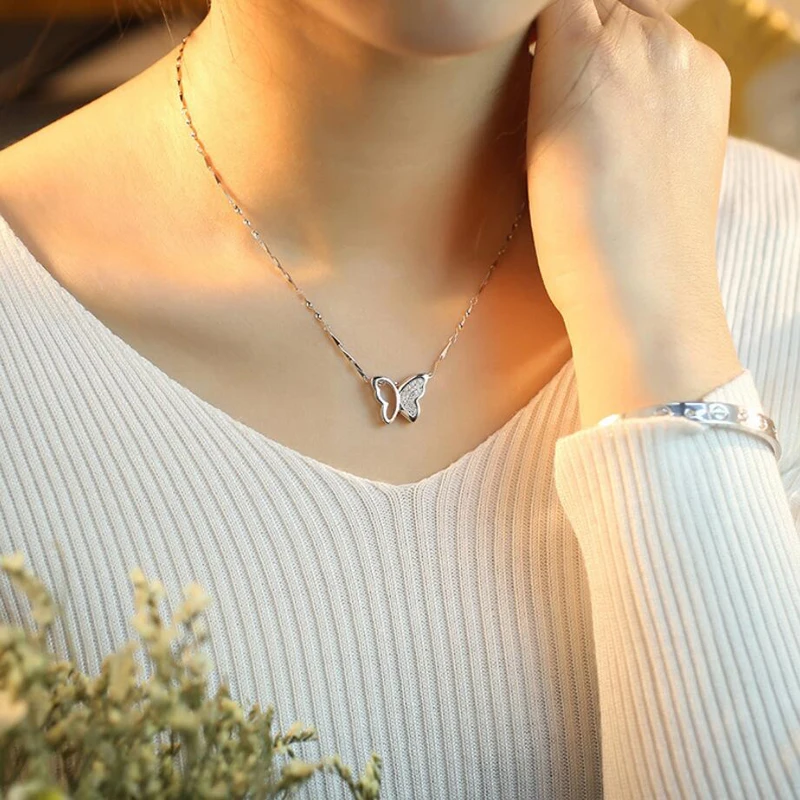 

New Hot 925 Sterling Silver Necklace Jewelry Simple Elegant Zircon Butterfly Pendant Necklaces for Valentine's Day Gift Female