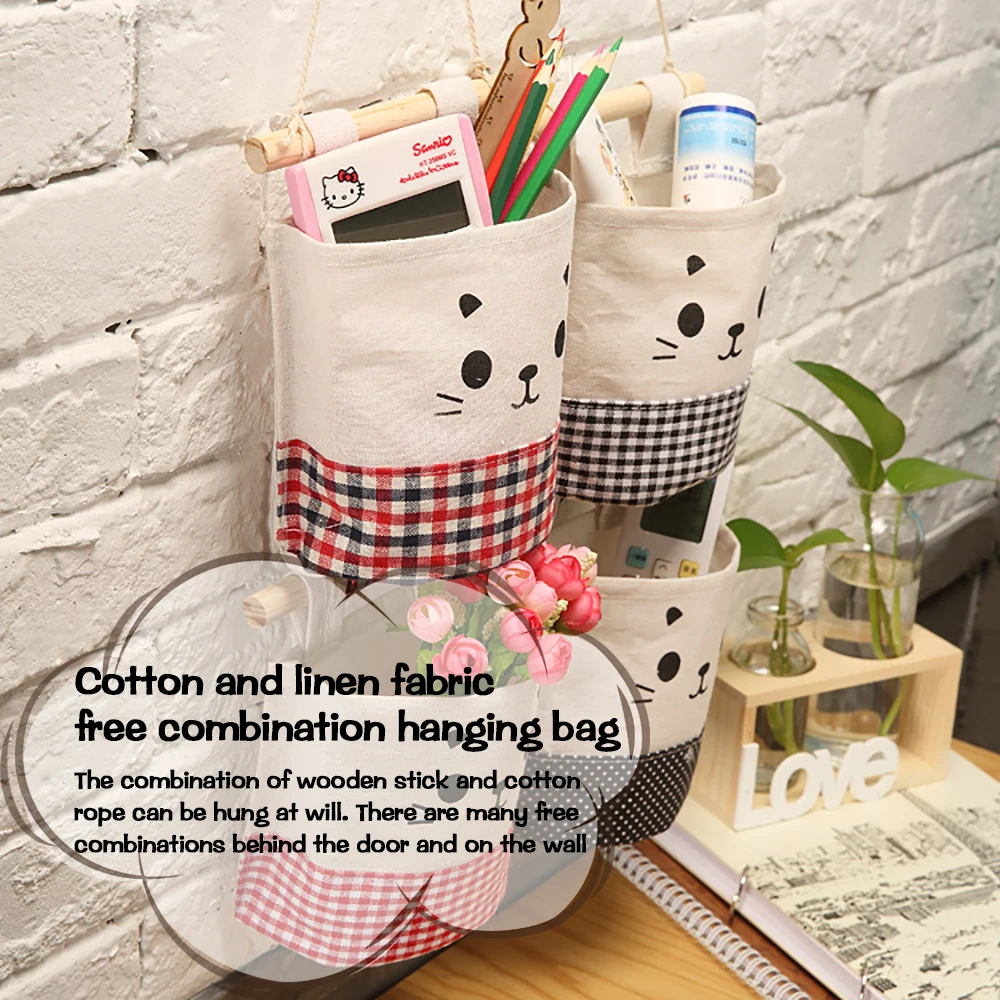 

3 Pcs Cotton And Linen Storage Bags Closet Hanging Bags Doors Sundries Clothes Bags Home Toys Small Objects Wall Hanging Baskets