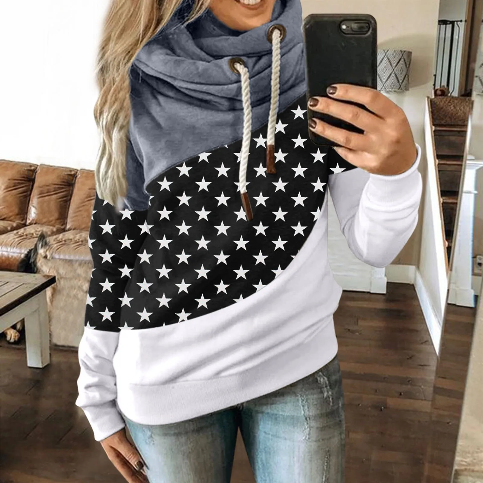 Women Autumn Winter Casual Stars Contrast Long Sleeve Star Print Hoodie Sweatshirt Tops Streetwear Women Oversized Hoodies
