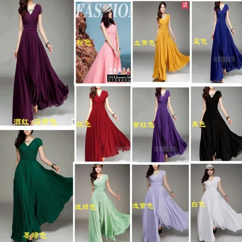 

2021 Hot Summer New Style V-neck Short-sleeved Bohemian Temperament Waist Dress Large-length Skirt