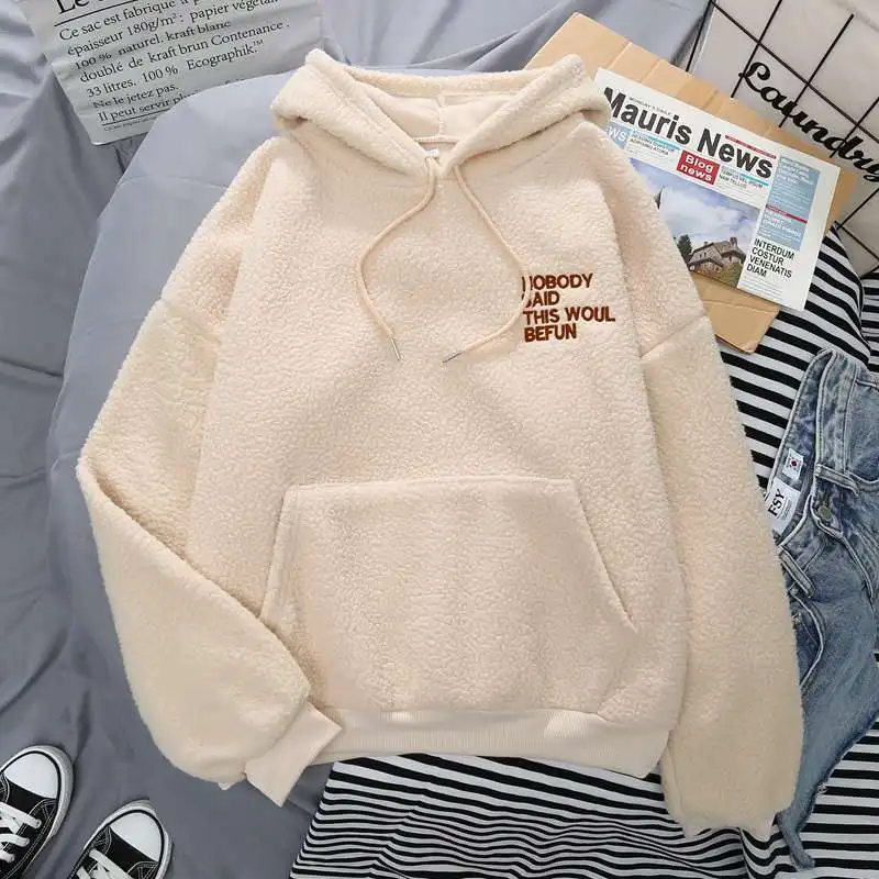 

Women Winter Fleece Hoodies Casual Long Sleeve Letter Printed Drawstring Pocket Hooded Sweatshirts Oversized Solid Pullover Tops