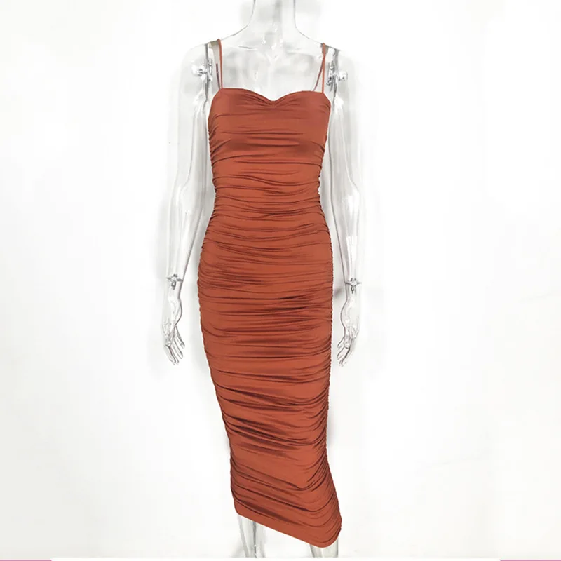 

Ladies Pleated Long Dress Sphagetti Strap Sun Dress Women's Party Evening Elegant Summer Sexy Girl Bodycon Casual Clothing