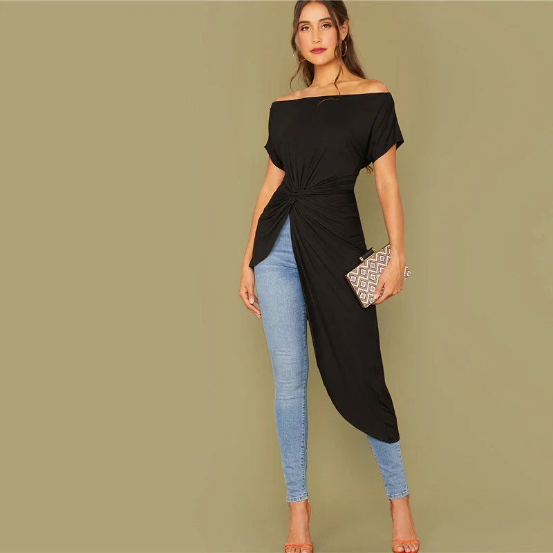SHEIN черный с плеча твист Спереди асимметричный подол Bardot футболка Женские топы осень короткий рукав Твердые Элегантные футболки