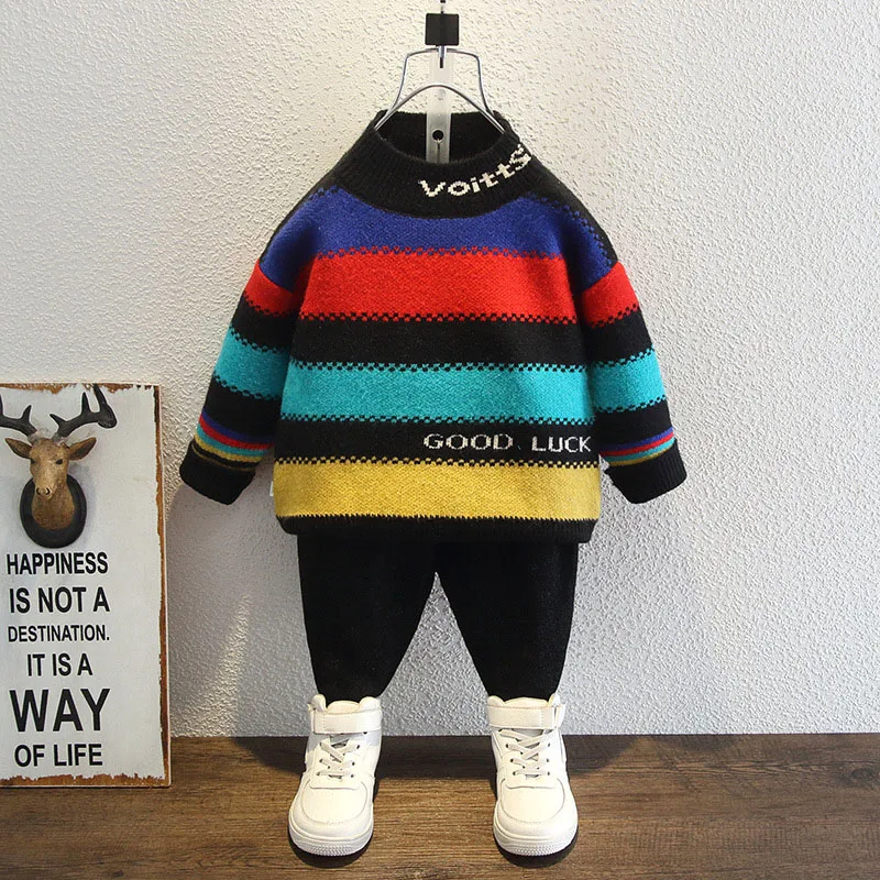 

Bear Leader Kids Winter Sweaters 2022 Fashion Korean Style Pullover High Collar Thick Knit Striped Personality Letters Sweater