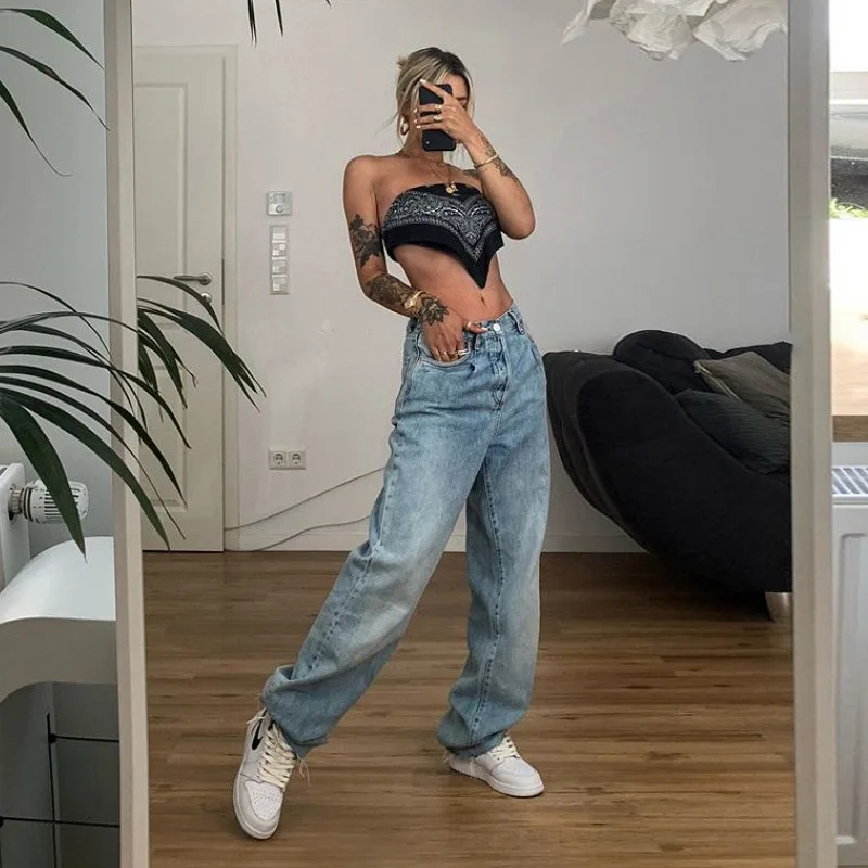 

Брюки женские с широкими штанинами, повседневные джинсовые брюки средней посадки в стиле панк, свободные штаны в ретро стиле, осень