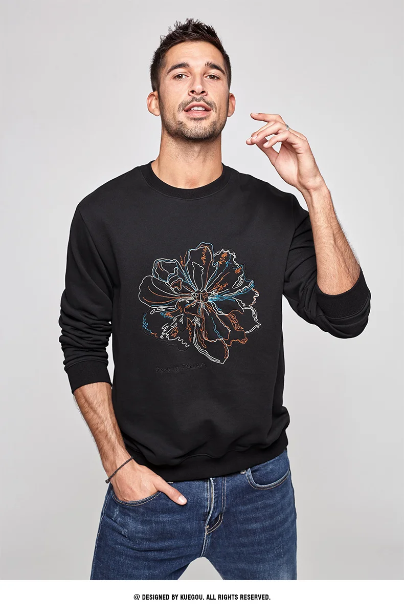 

KUEGOU 2020 Autumn 100% Cotton Embroidery Crewneck Sweatshirt Men Fashion Vintage Trendy Streetwear Designer Male Clothing 20525