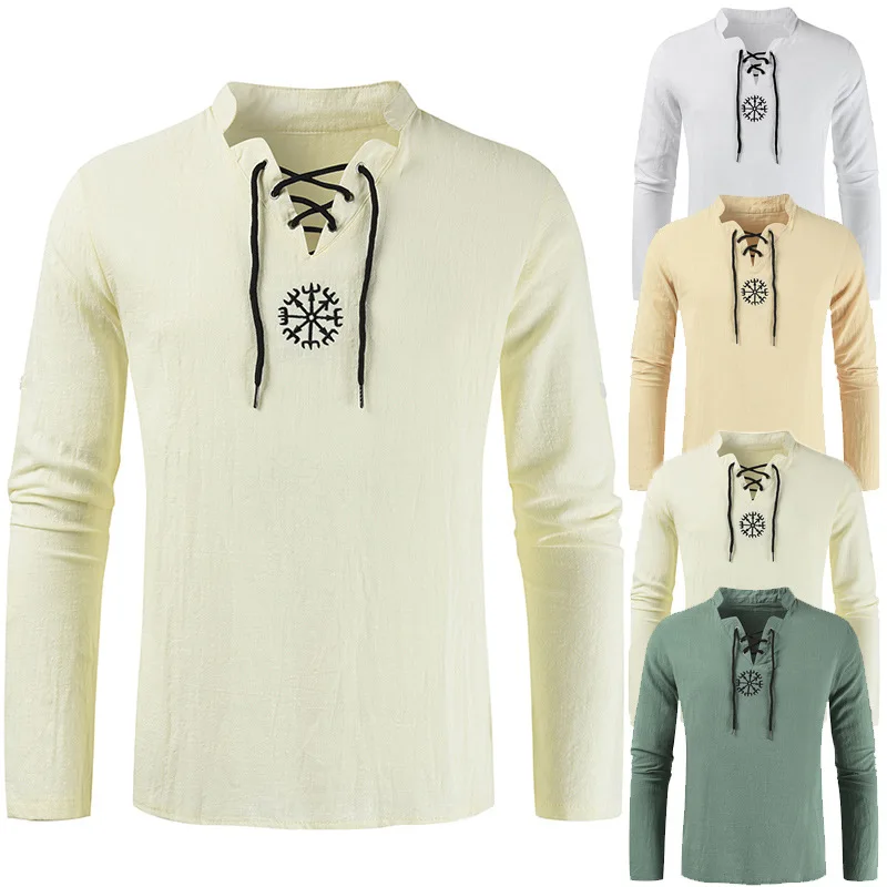 Adult Men Medieval costume Renaissance Grooms Pirate tunic top Larp Costume lace up Shirt Middle Age Viking Cosplay Top |