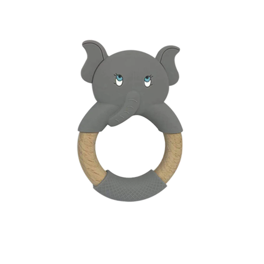 Mordedor de silicona con forma de Animal para reci&eacute;n nacido, anillo de dentici&oacute;n de madera de Haya sin BPA, juguete de dentici&oacute;n s&oacute;lido, mordedor de madera org&aacute;nico-0