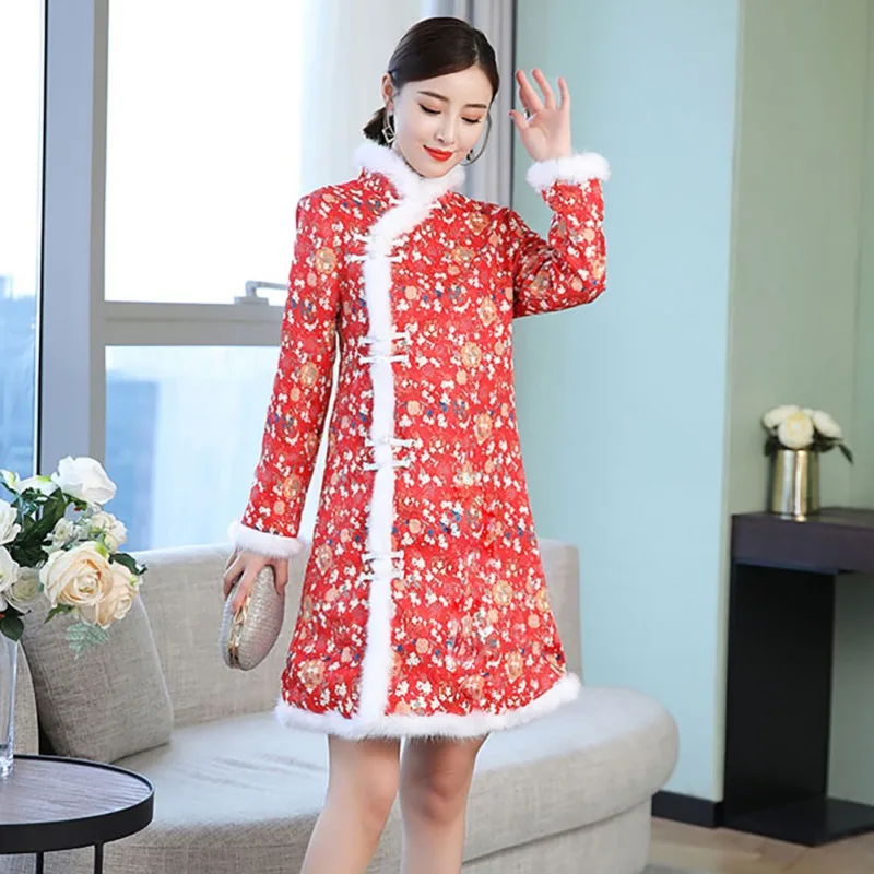 Размера плюс платье Ципао в китайском стиле с длинным рукавом зимнее флисовое