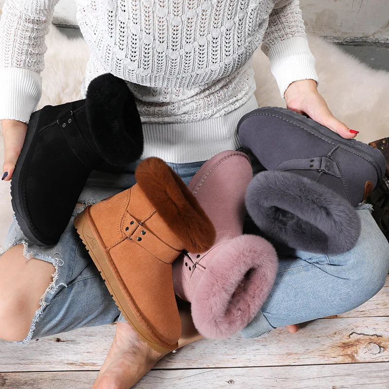 Женские теплые ботинки на меху зимние из коровьей кожи с кроличьим мехом
