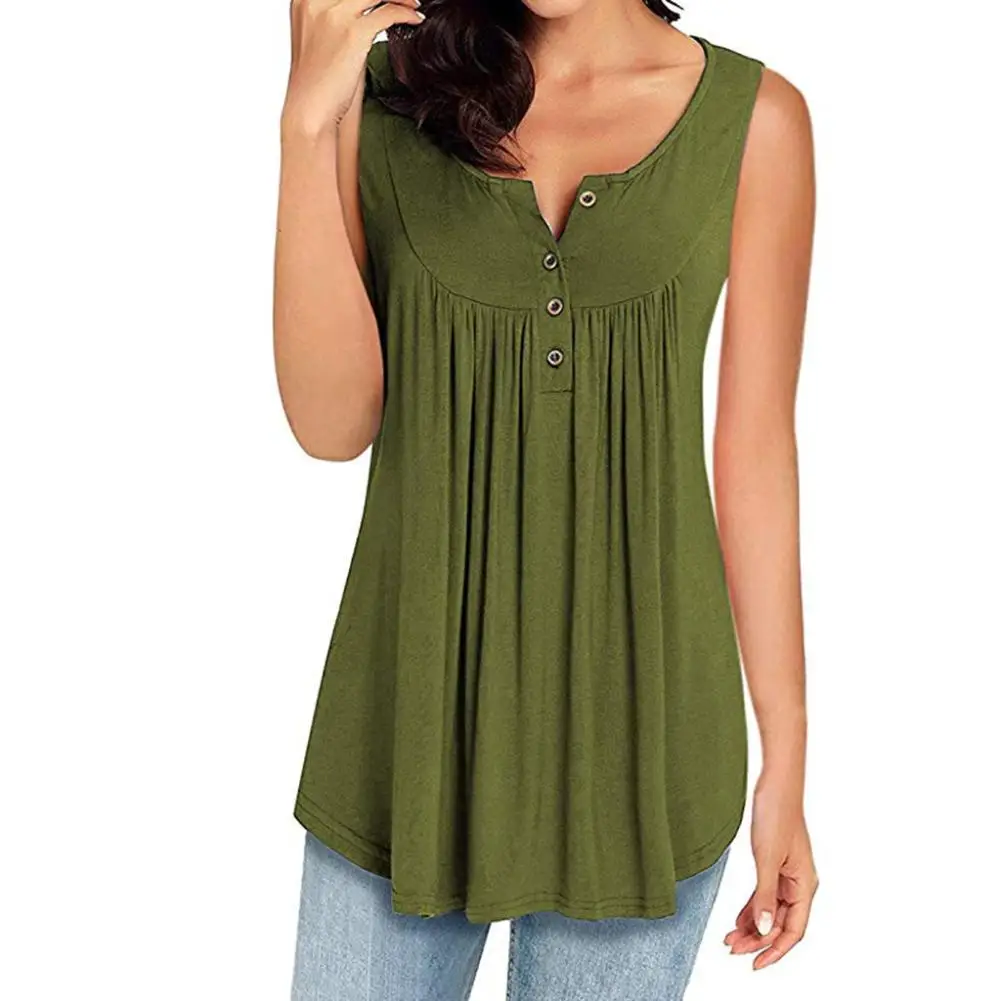 

Casual Women Tank Tops Solid Color Button Pleated Loose Sleeveless Tank Top Loose 2022 Summer Women Shirt Vest