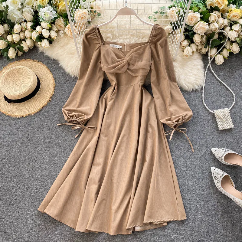 Женское однотонное платье SINGRAIN винтажное с квадратным воротником и пышными