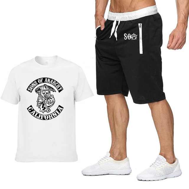 

SOA Sons of Anarchy Short sleeve Men T-shirt SAMCRO Skull Print high quality Cotton HipHop Casual TShirts shorts suit Sportswear