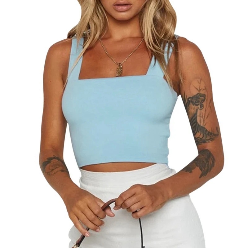 

MoneRffi Square Neck Sleeveless Summer Crop Top White Women Black Casual Basic T Shirt Off Shoulder Cami Sexy Backless Tank Top