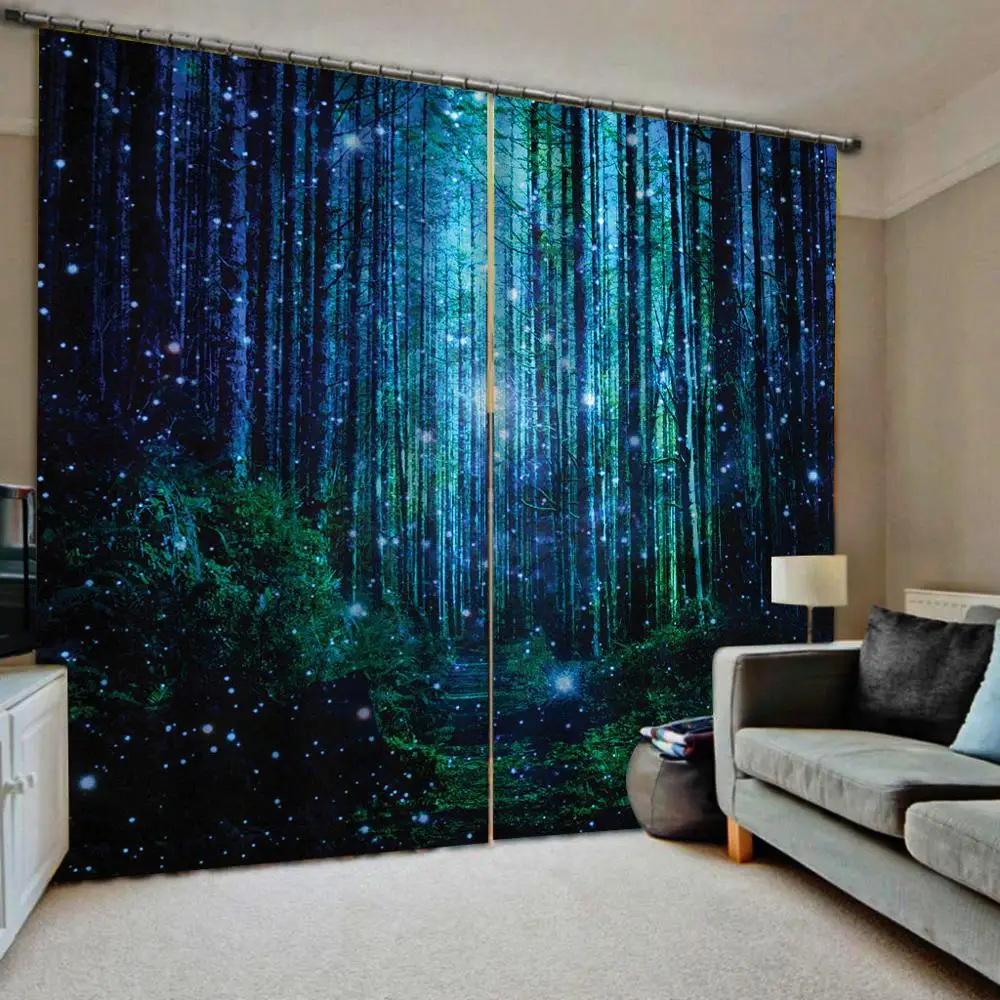

Photo Luxury Curtains Window Blackout Curtain Living Room Printing Forest scenery Drapes beautiful star sky Curtain