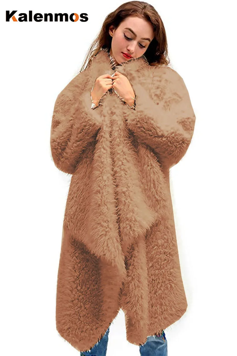 Женское длинное пальто с мехом KALENMOS кардиган на весну и осень флисовая Свободная