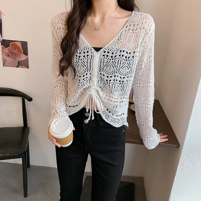 

2021 Women Crocheted Crop Tops Sweaters Pullovers Female All-Match Draw String Pullover Solid Full Sleeve Leisure Tops for Women