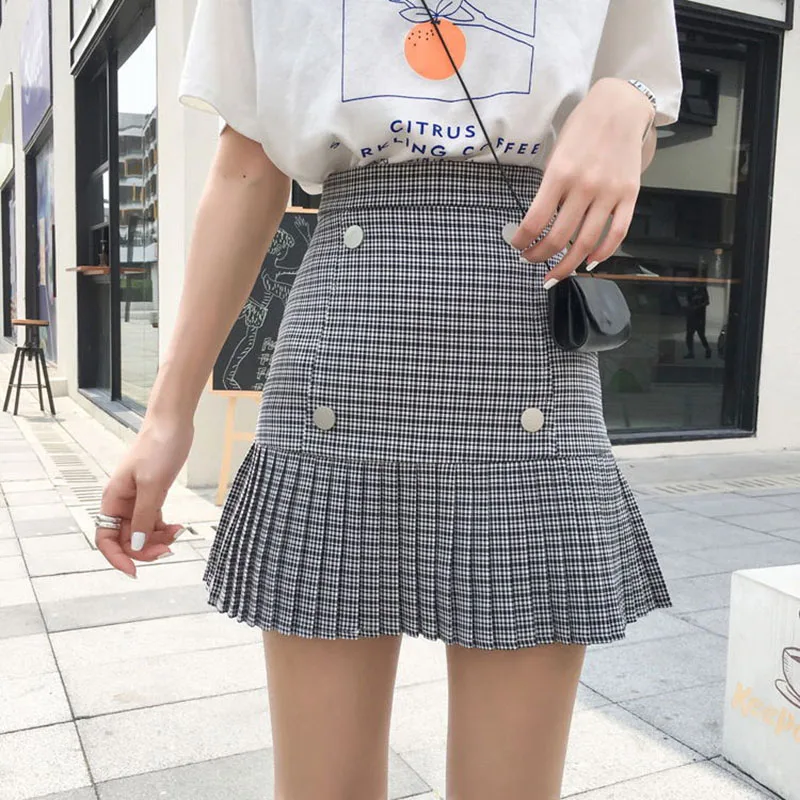 

Women High Waist A-Line Elegant Korean Pleated Patchwork Mini Skirts Gray Plaid Buttons Summer Plus Size Vintage Office Skirts