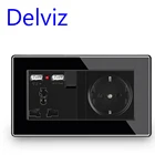 Настенная универсальная USB-розетка Delviz, двойная розетка европейского стандарта, 110  250 В, USB-зарядное отверстие для Великобритании, 2 А, черная акриловая прозрачная панель
