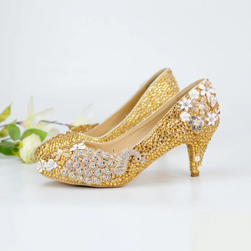 Туфли лодочки женские на среднем каблуке 6 см вечерние золотистые с круглым