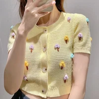summer fashion women sweet embroidered short sleeve woolen knitted t shirt o neck sweater flower cardigan top
