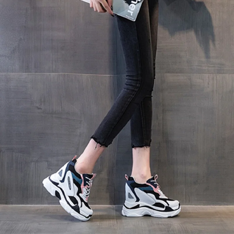 

Spring Autumn New Outdoor Wedges Heels Height Increasing Mixed Colors Mesh Genuine Leather Women Casual Sneakers Shoes