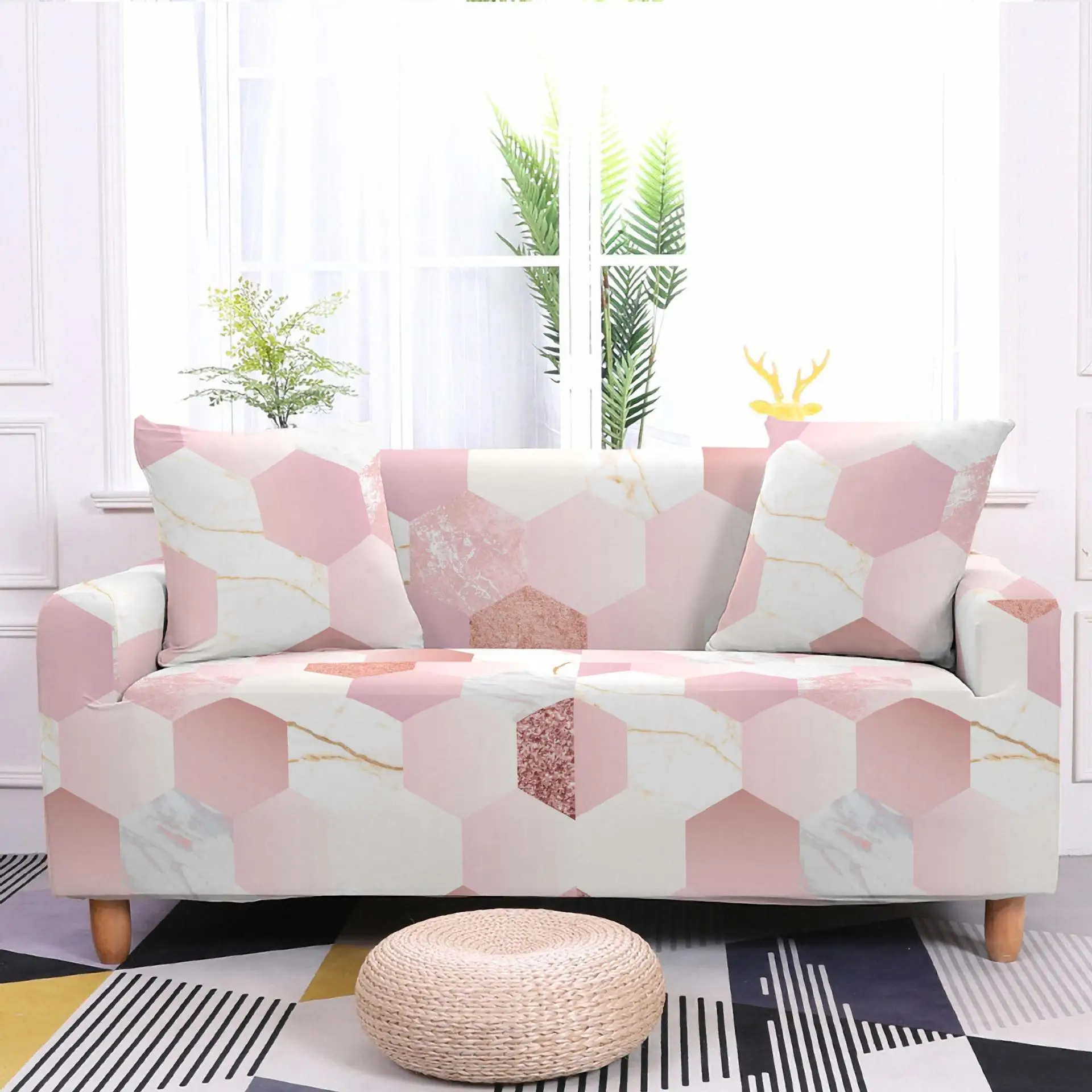 

Living Room Geometric Elastic Sofa Cover Pink Series Four Seasons All-inclusive Elastic Sofa Cover Chair Protection Cover