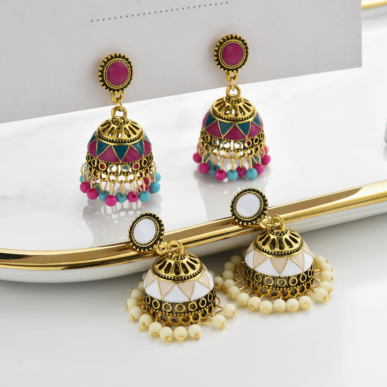 Vintage Colorful Beads Tassel Indian Jhumka Earrings For Women Ethnic Boho Gold Alloy Bollywood Oxidized Bell Dangle | Украшения и