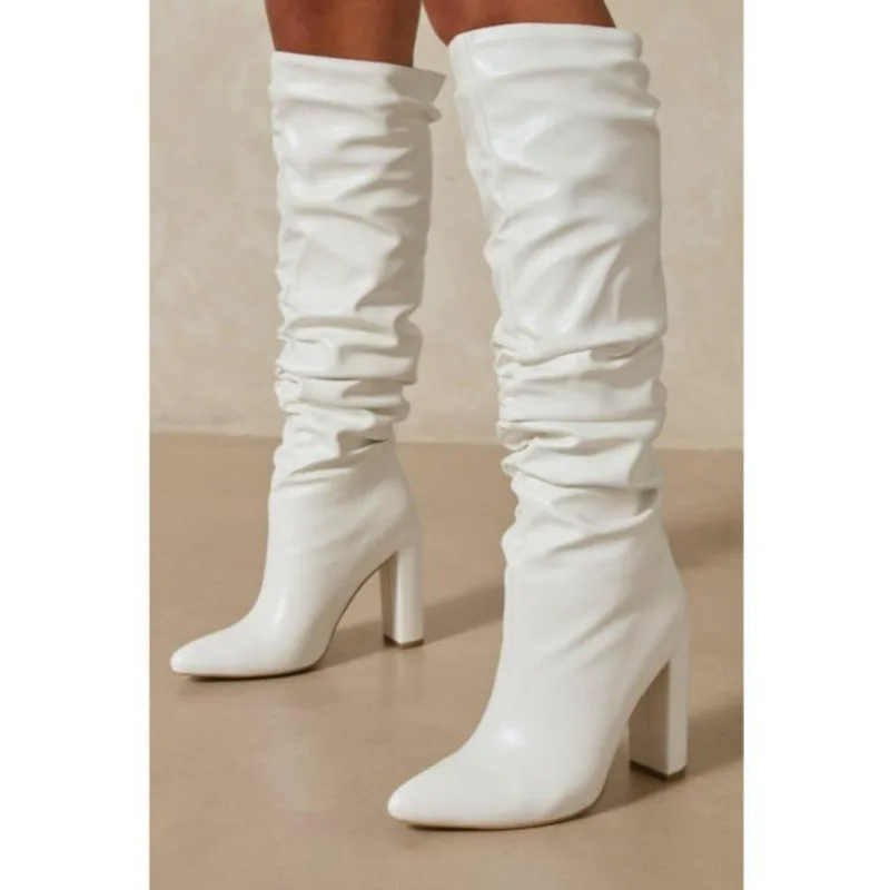 Women's Boots 2021 Winter Fashion PU Material Large Size Thick Heel Pleated Design Knee Women Boot White Black Shoes | Обувь