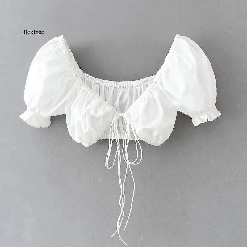 

Summer Black White Lace Up Bow tie Sexy Short Blouse Women Summer Casual Puff Sleeve Small Shirts femme Crop Tops S7390